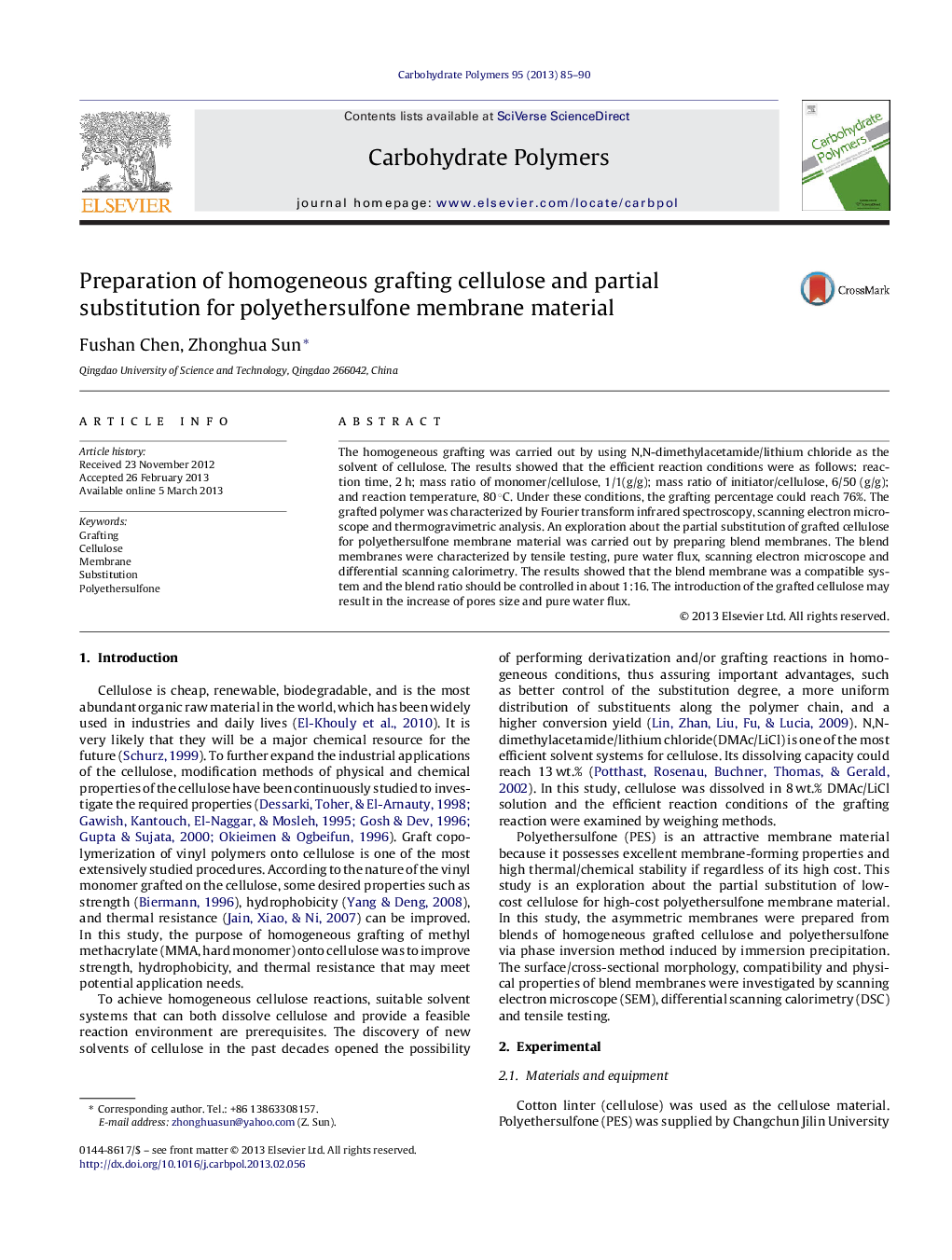 Preparation of homogeneous grafting cellulose and partial substitution for polyethersulfone membrane material