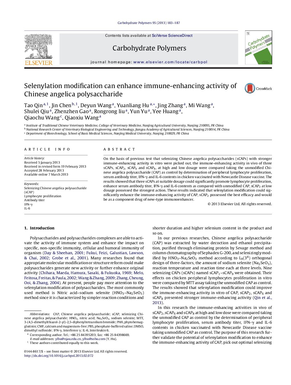 Selenylation modification can enhance immune-enhancing activity of Chinese angelica polysaccharide