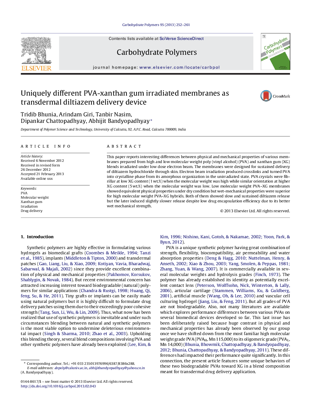 Uniquely different PVA-xanthan gum irradiated membranes as transdermal diltiazem delivery device