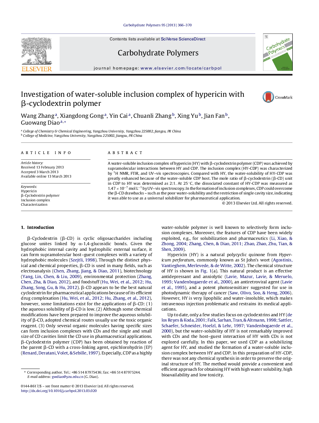 Investigation of water-soluble inclusion complex of hypericin with Î²-cyclodextrin polymer