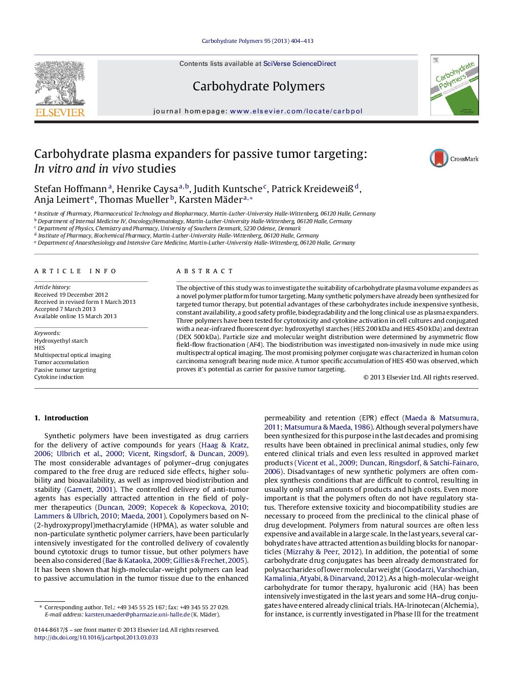 Carbohydrate plasma expanders for passive tumor targeting: In vitro and in vivo studies