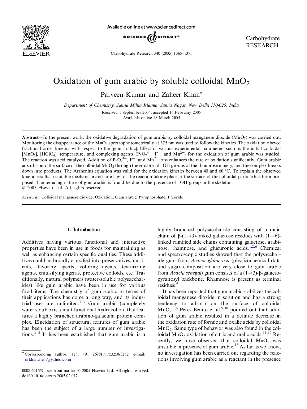 Oxidation of gum arabic by soluble colloidal MnO2