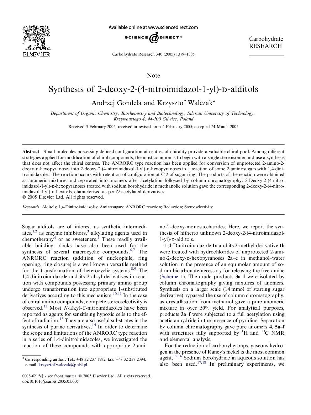 Synthesis of 2-deoxy-2-(4-nitroimidazol-1-yl)-d-alditols