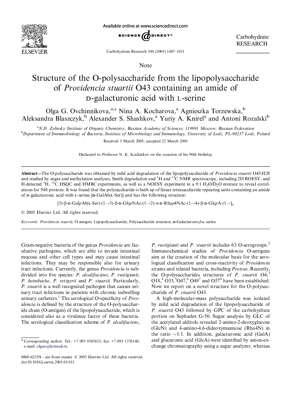 Structure of the O-polysaccharide from the lipopolysaccharide of Providencia stuartii O43 containing an amide of d-galacturonic acid with l-serine