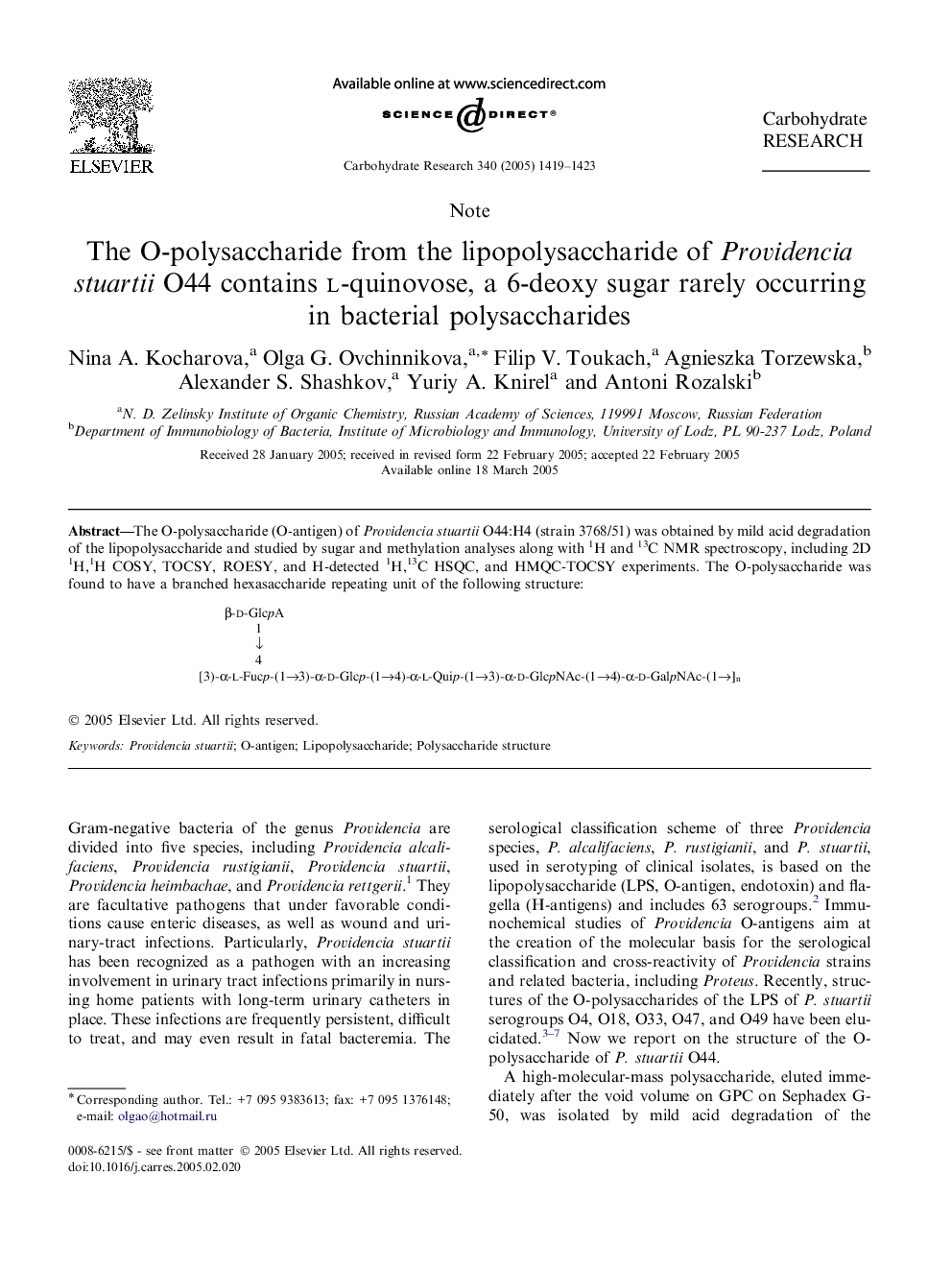 The O-polysaccharide from the lipopolysaccharide of Providencia stuartii O44 contains l-quinovose, a 6-deoxy sugar rarely occurring in bacterial polysaccharides