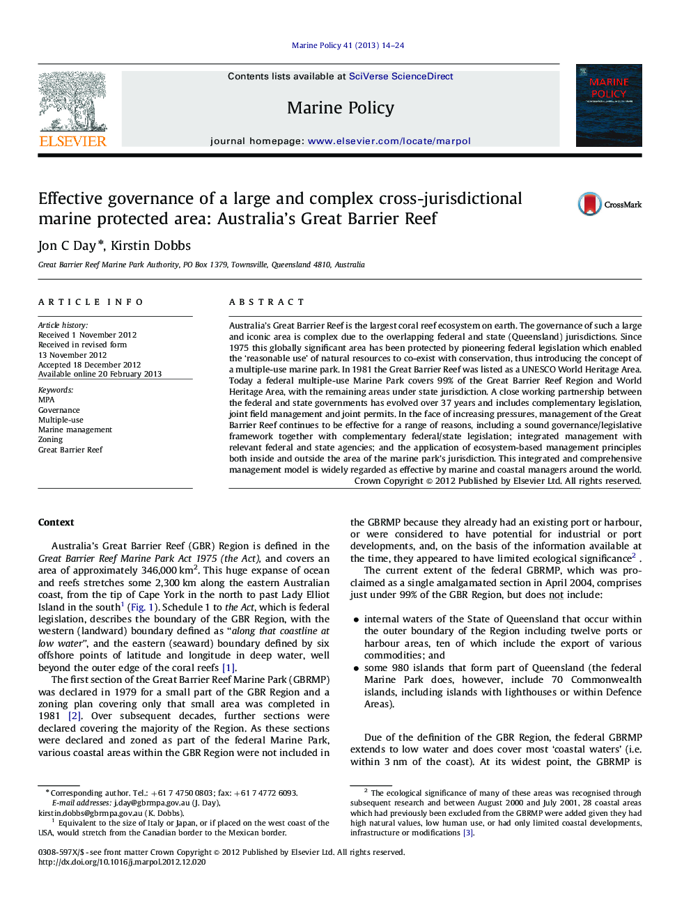 Effective governance of a large and complex cross-jurisdictional marine protected area: Australia's Great Barrier Reef