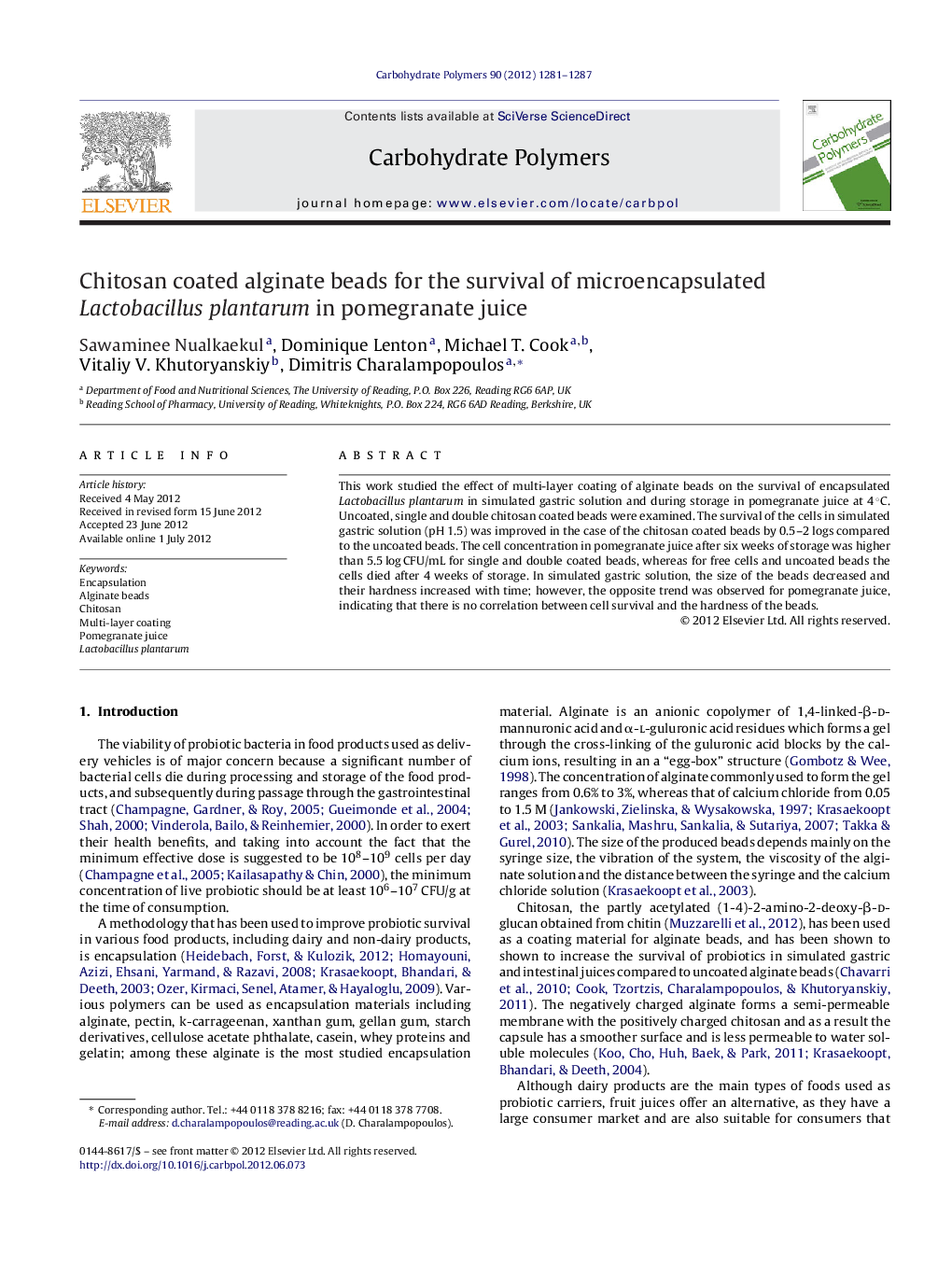 عکس صفحه اول مقاله: Chitosan coated alginate beads for the survival of microencapsulated Lactobacillus plantarum in pomegranate juice Chitosan coated alginate beads for the survival of microencapsulated Lactobacillus plantarum in pomegranate juice