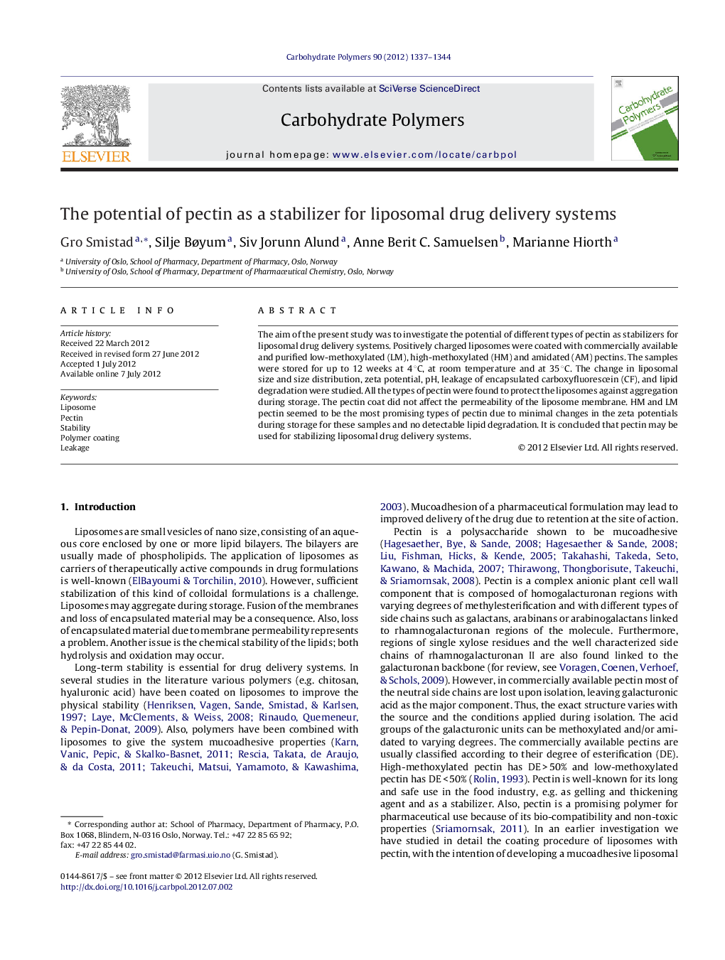 The potential of pectin as a stabilizer for liposomal drug delivery systems