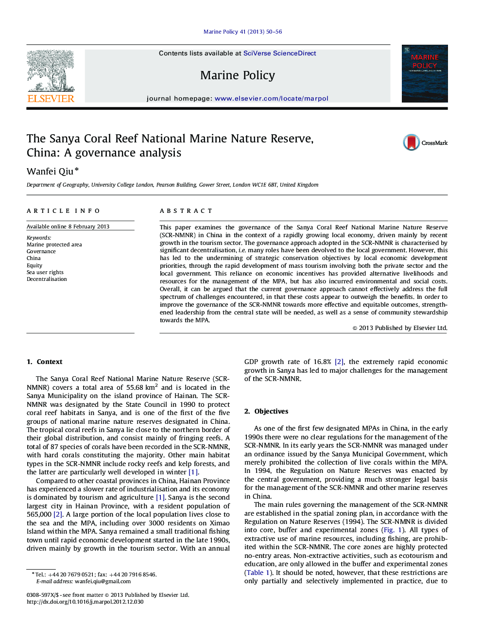 The Sanya Coral Reef National Marine Nature Reserve, China: A governance analysis