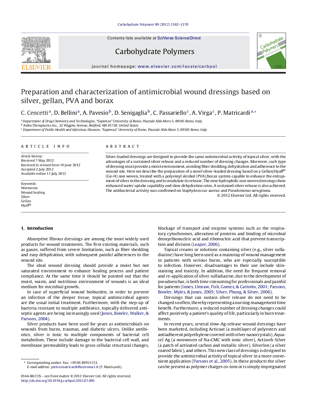 Preparation and characterization of antimicrobial wound dressings based on silver, gellan, PVA and borax