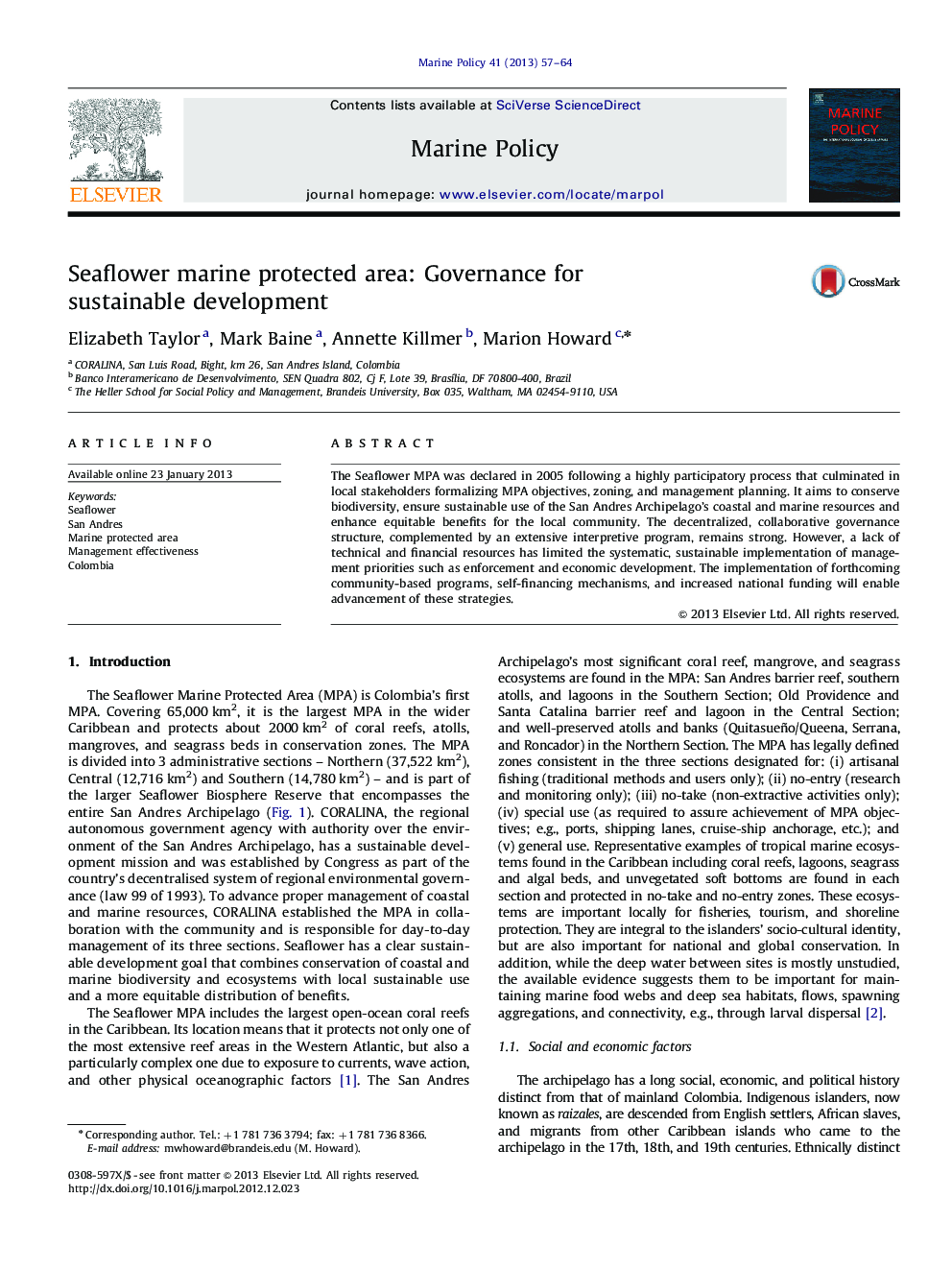 عکس صفحه اول مقاله: Seaflower marine protected area: Governance for sustainable development Seaflower marine protected area: Governance for sustainable development