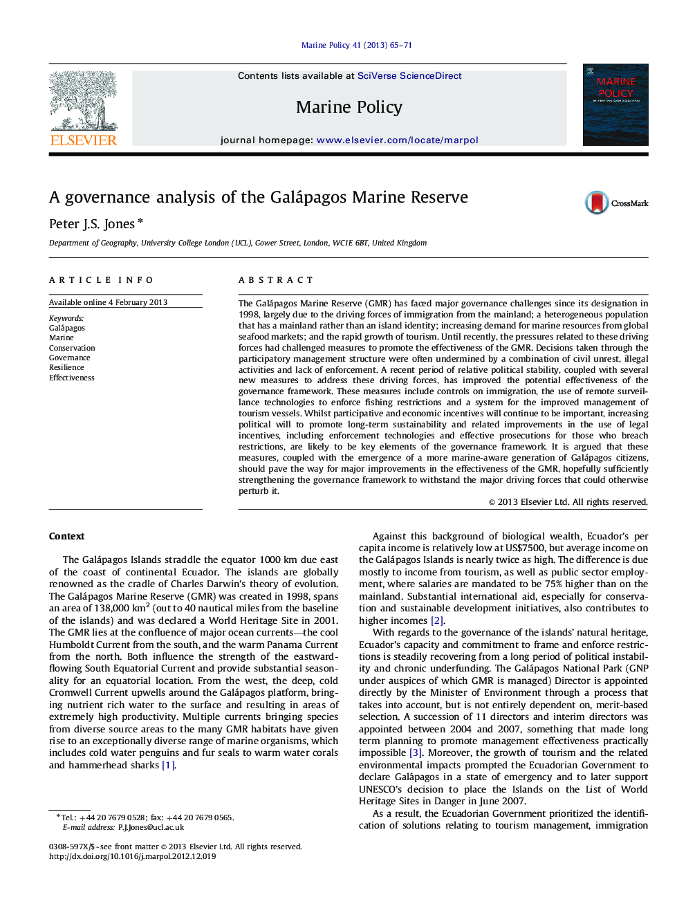 عکس صفحه اول مقاله: A governance analysis of the Galápagos Marine Reserve A governance analysis of the Galápagos Marine Reserve