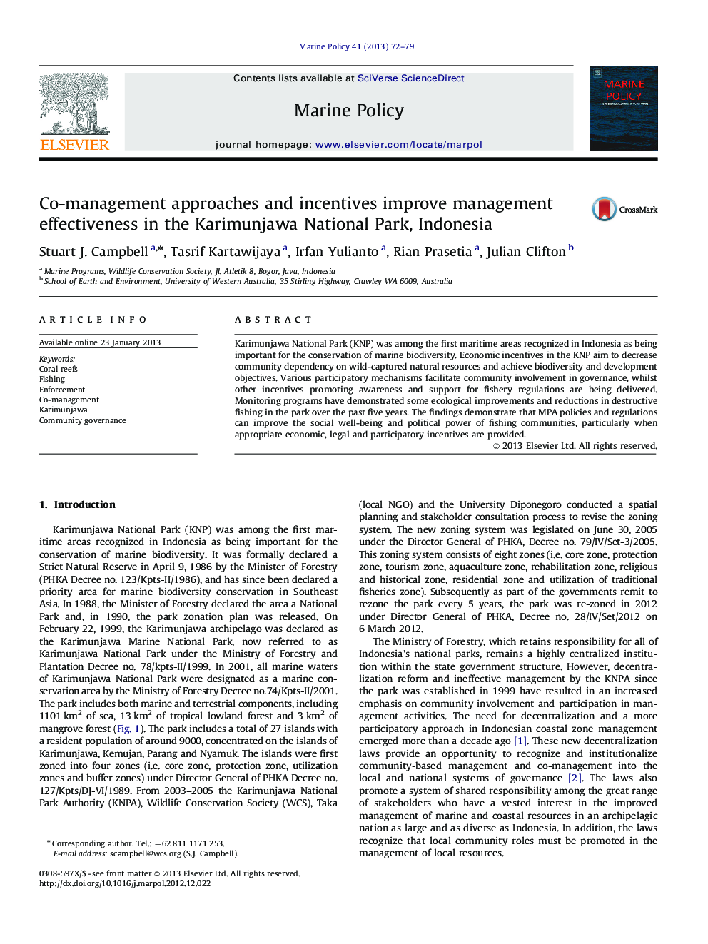 Co-management approaches and incentives improve management effectiveness in the Karimunjawa National Park, Indonesia