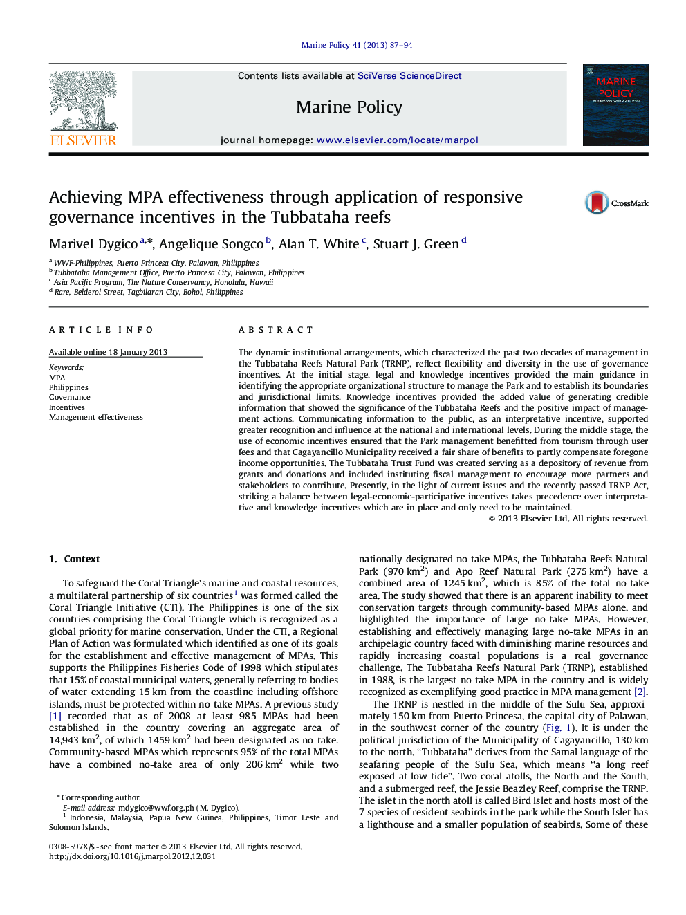 Achieving MPA effectiveness through application of responsive governance incentives in the Tubbataha reefs