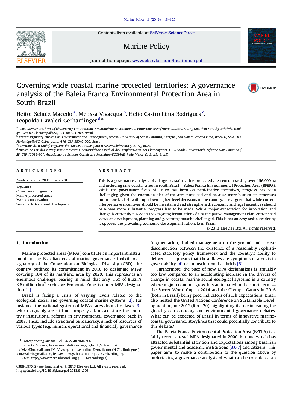 Governing wide coastal-marine protected territories: A governance analysis of the Baleia Franca Environmental Protection Area in South Brazil