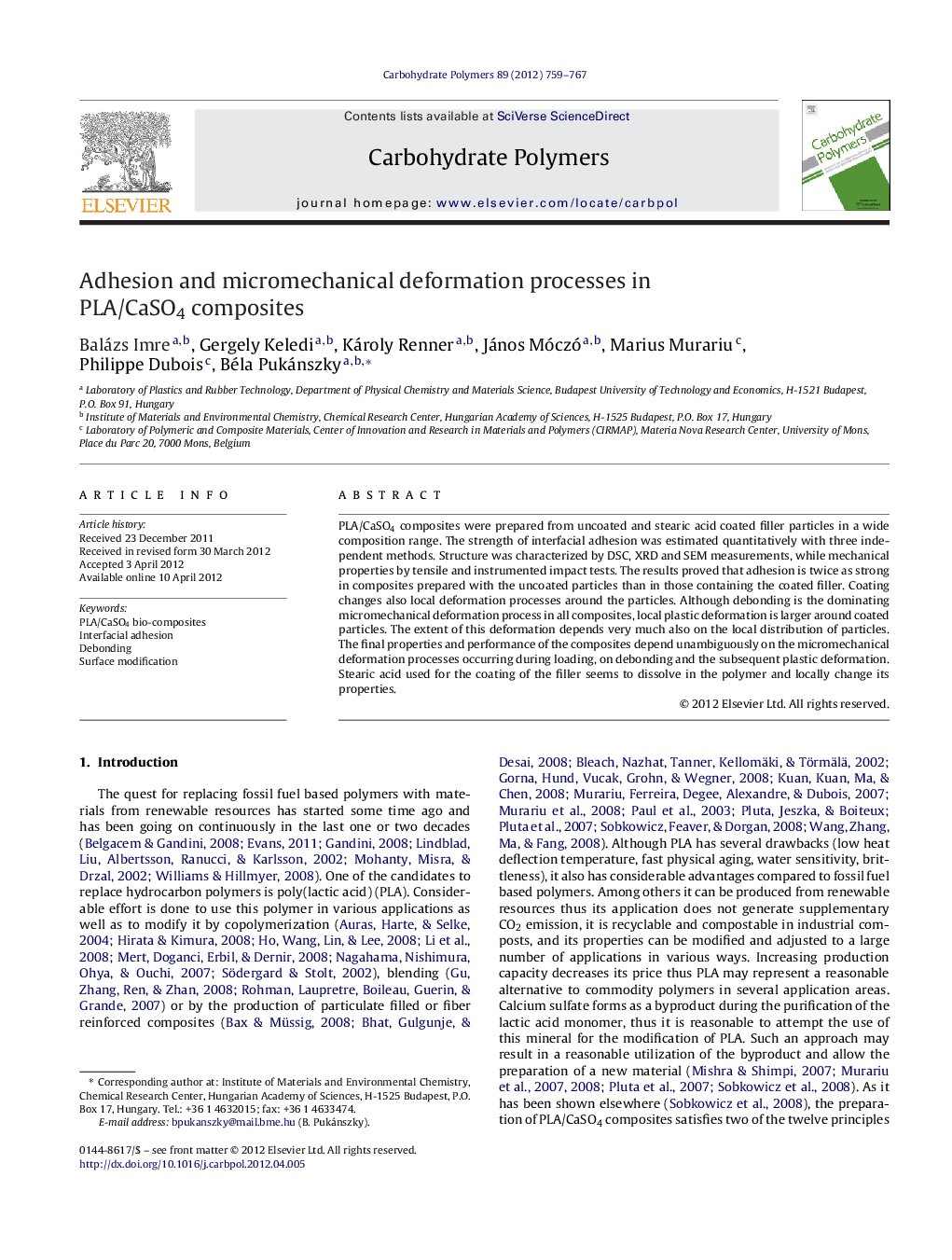 عکس صفحه اول مقاله: Adhesion and micromechanical deformation processes in PLA/CaSO4 composites Adhesion and micromechanical deformation processes in PLA/CaSO4 composites