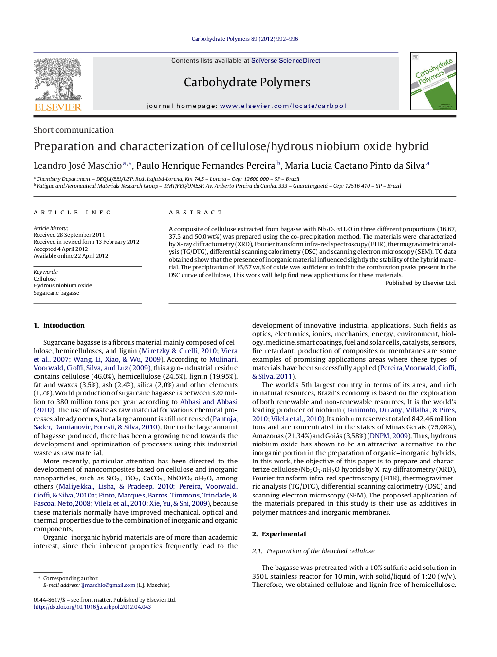 Preparation and characterization of cellulose/hydrous niobium oxide hybrid