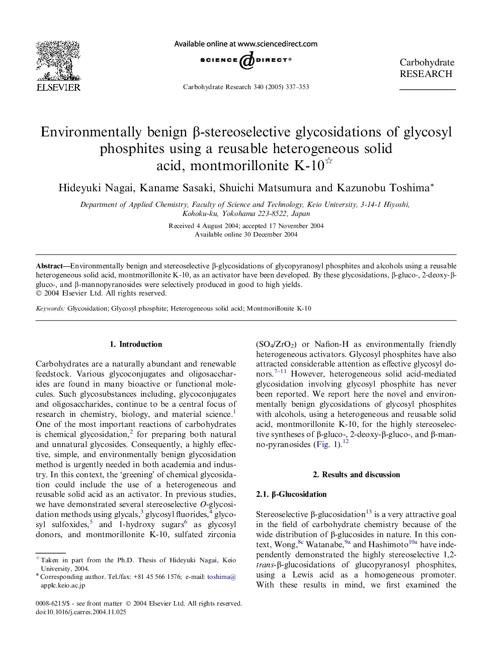 Environmentally benign Î²-stereoselective glycosidations of glycosyl phosphites using a reusable heterogeneous solid acid, montmorillonite K-10