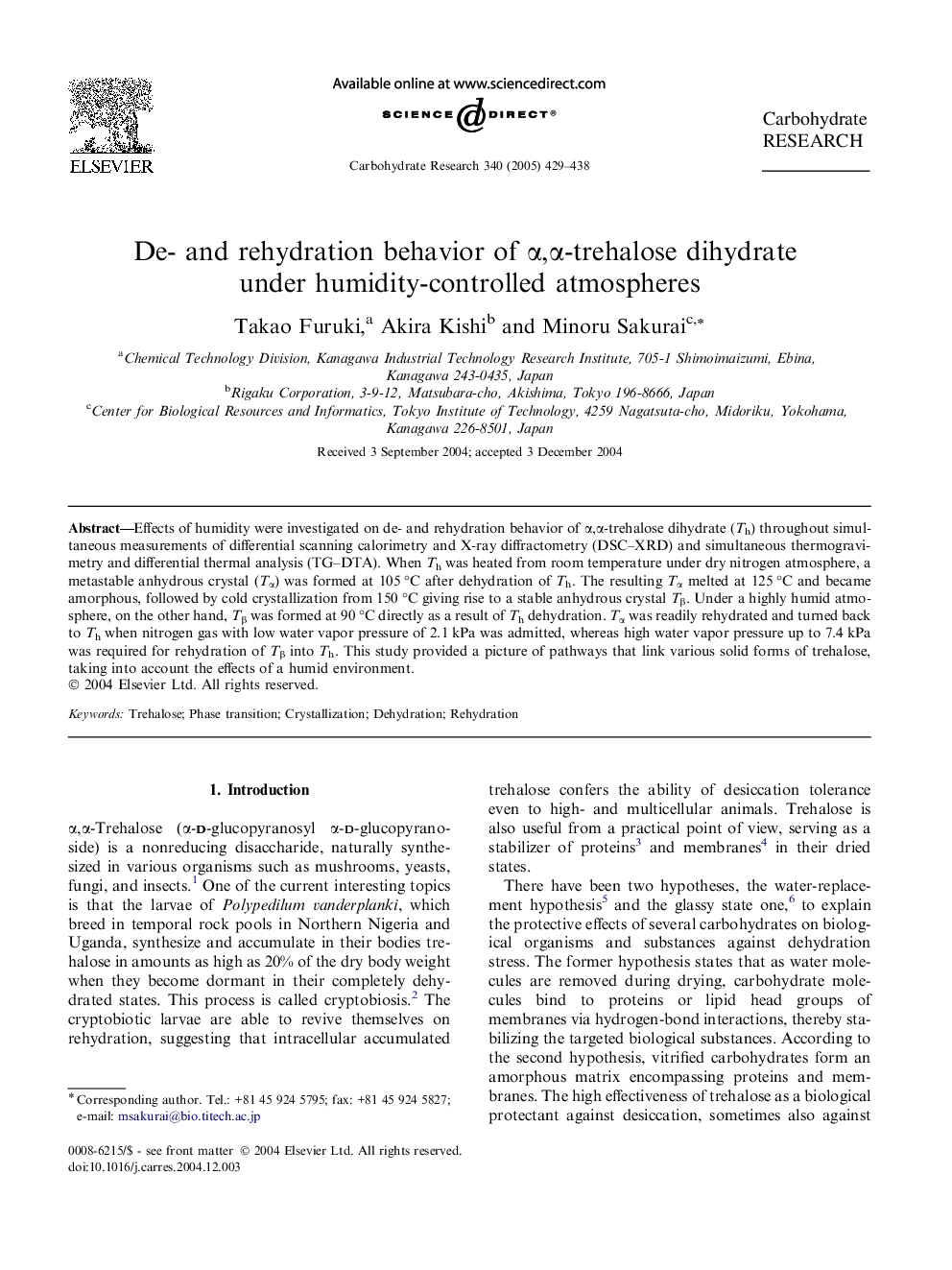 De- and rehydration behavior of Î±,Î±-trehalose dihydrate under humidity-controlled atmospheres