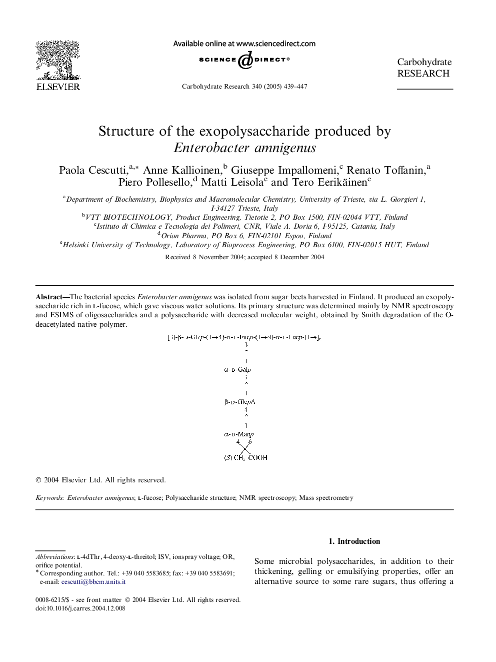 Structure of the exopolysaccharide produced by Enterobacter amnigenus