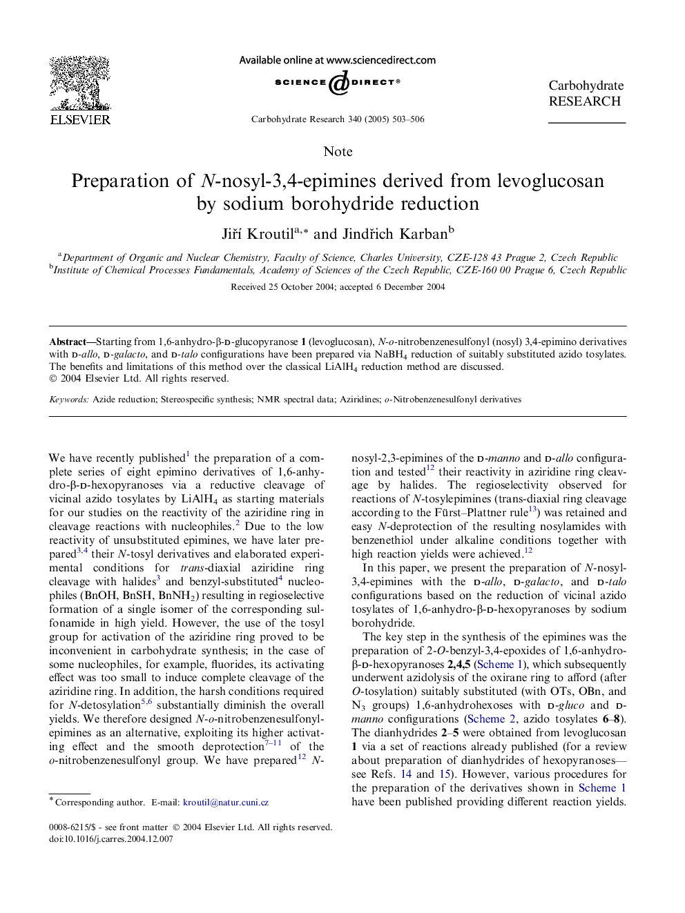 Preparation of N-nosyl-3,4-epimines derived from levoglucosan by sodium borohydride reduction