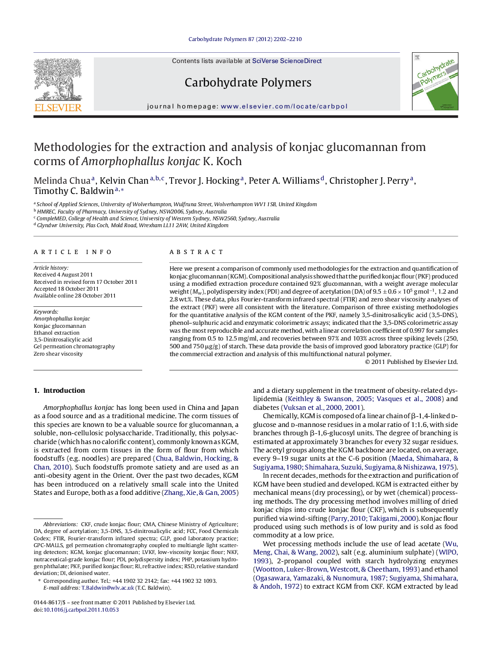 Methodologies for the extraction and analysis of konjac glucomannan from corms of Amorphophallus konjac K. Koch