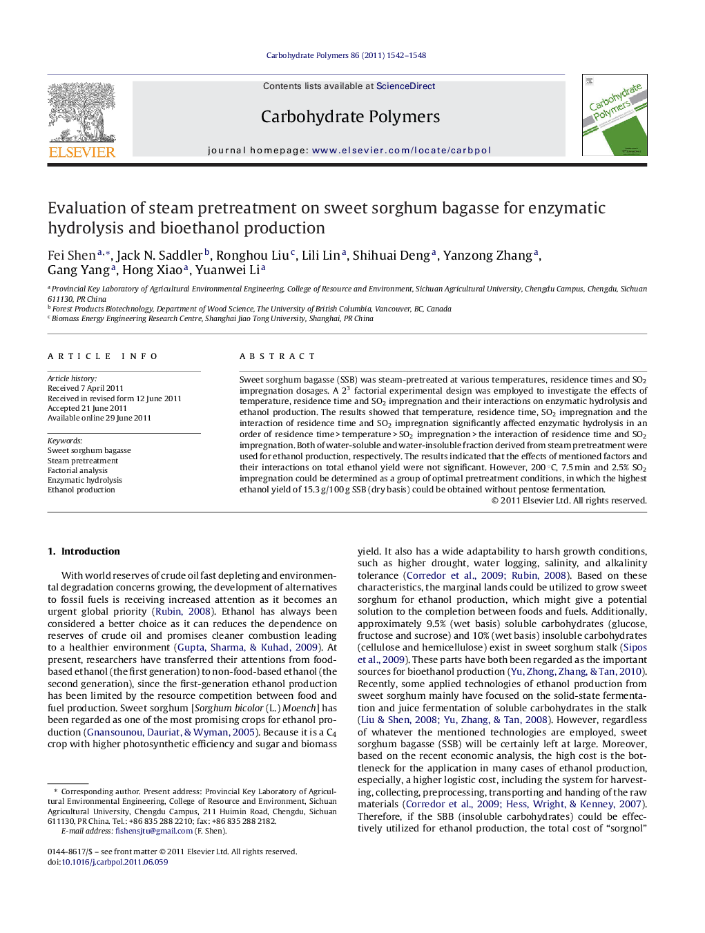 Evaluation of steam pretreatment on sweet sorghum bagasse for enzymatic hydrolysis and bioethanol production