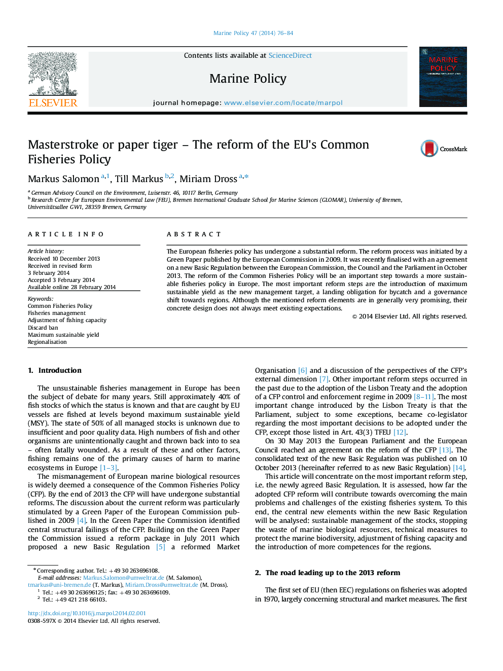 Masterstroke or paper tiger – The reform of the EU׳s Common Fisheries Policy