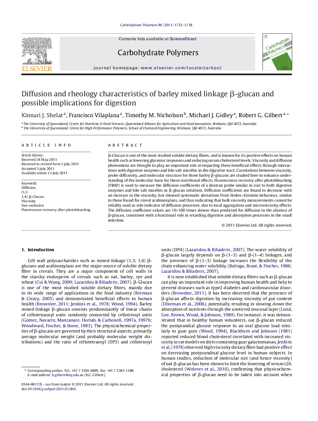 Diffusion and rheology characteristics of barley mixed linkage Î²-glucan and possible implications for digestion