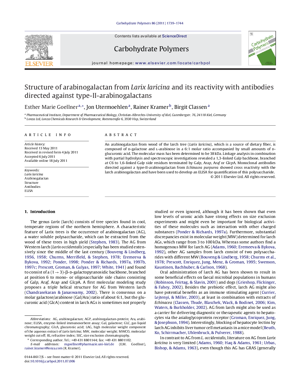 Structure of arabinogalactan from Larix laricina and its reactivity with antibodies directed against type-II-arabinogalactans