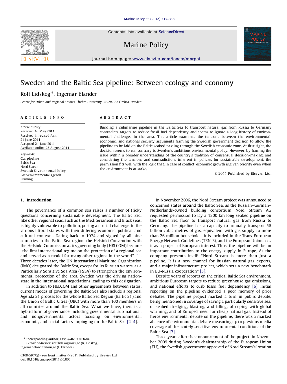 عکس صفحه اول مقاله: Sweden and the Baltic Sea pipeline: Between ecology and economy Sweden and the Baltic Sea pipeline: Between ecology and economy