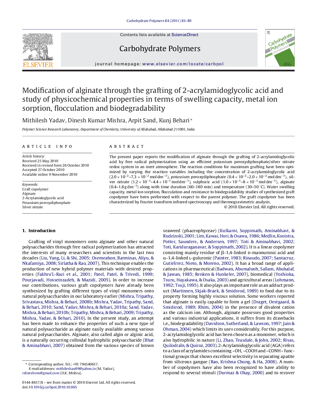 Modification of alginate through the grafting of 2-acrylamidoglycolic acid and study of physicochemical properties in terms of swelling capacity, metal ion sorption, flocculation and biodegradability