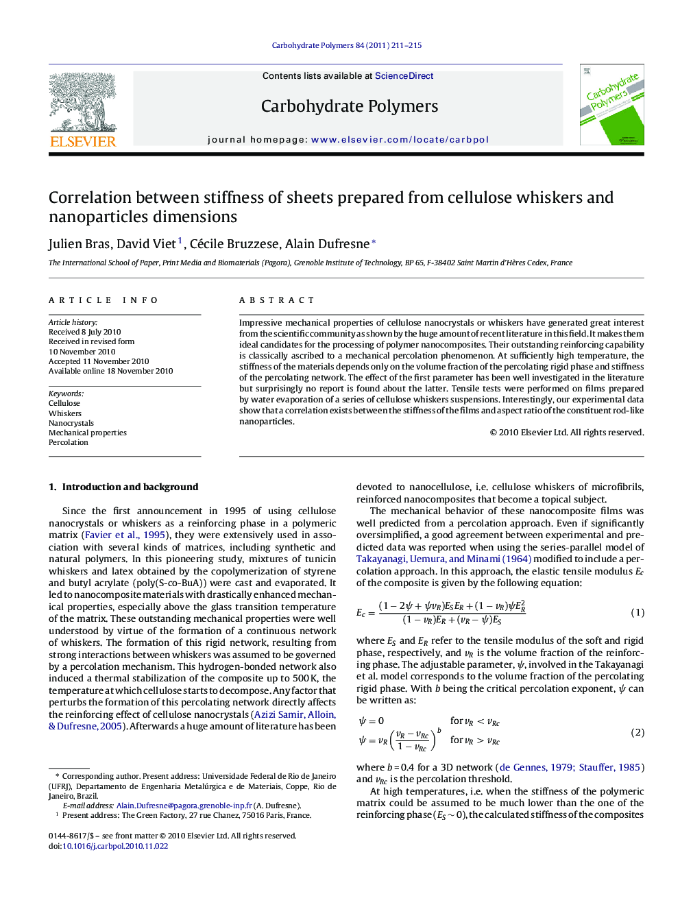 Correlation between stiffness of sheets prepared from cellulose whiskers and nanoparticles dimensions