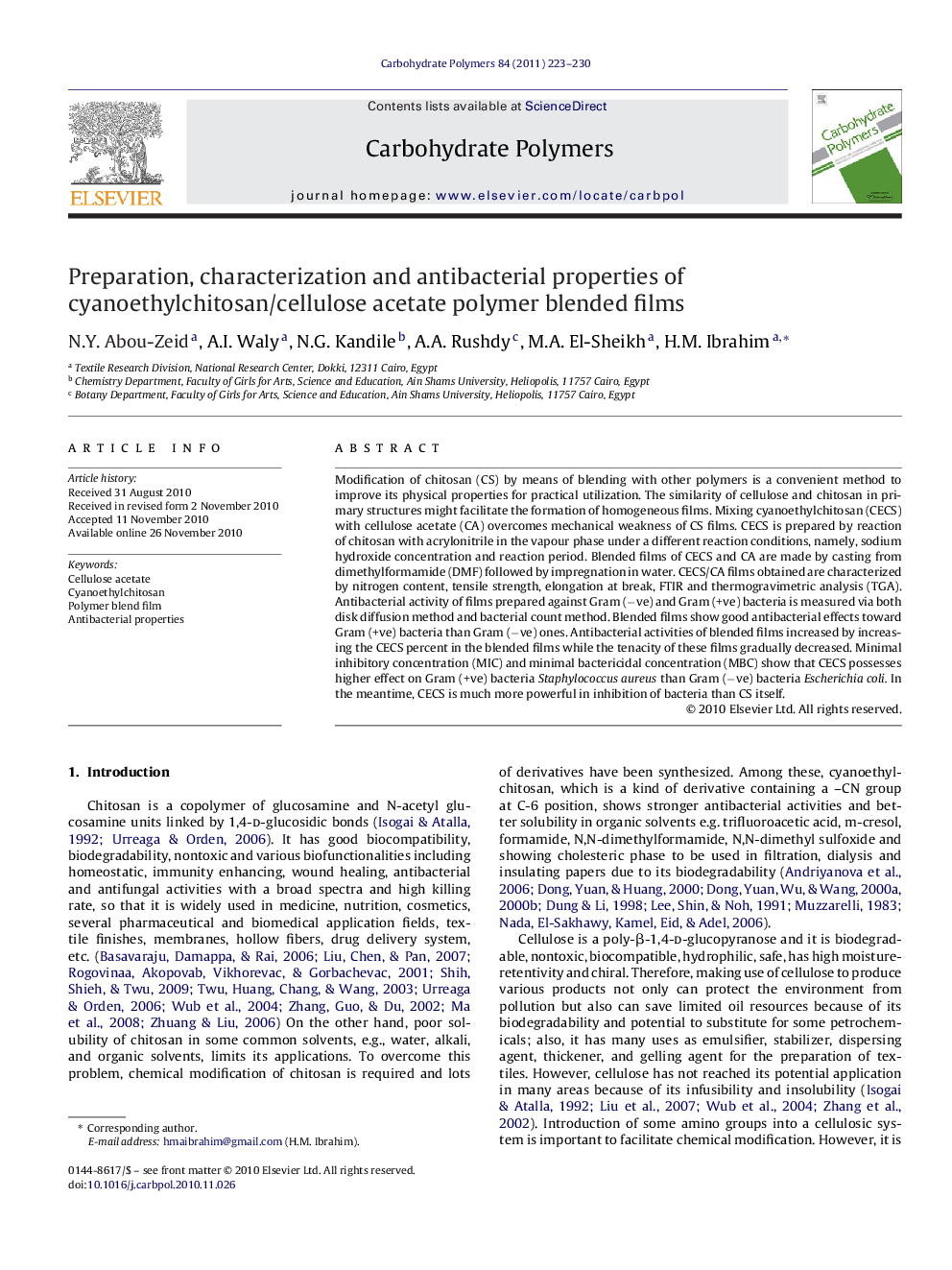 Preparation, characterization and antibacterial properties of cyanoethylchitosan/cellulose acetate polymer blended films