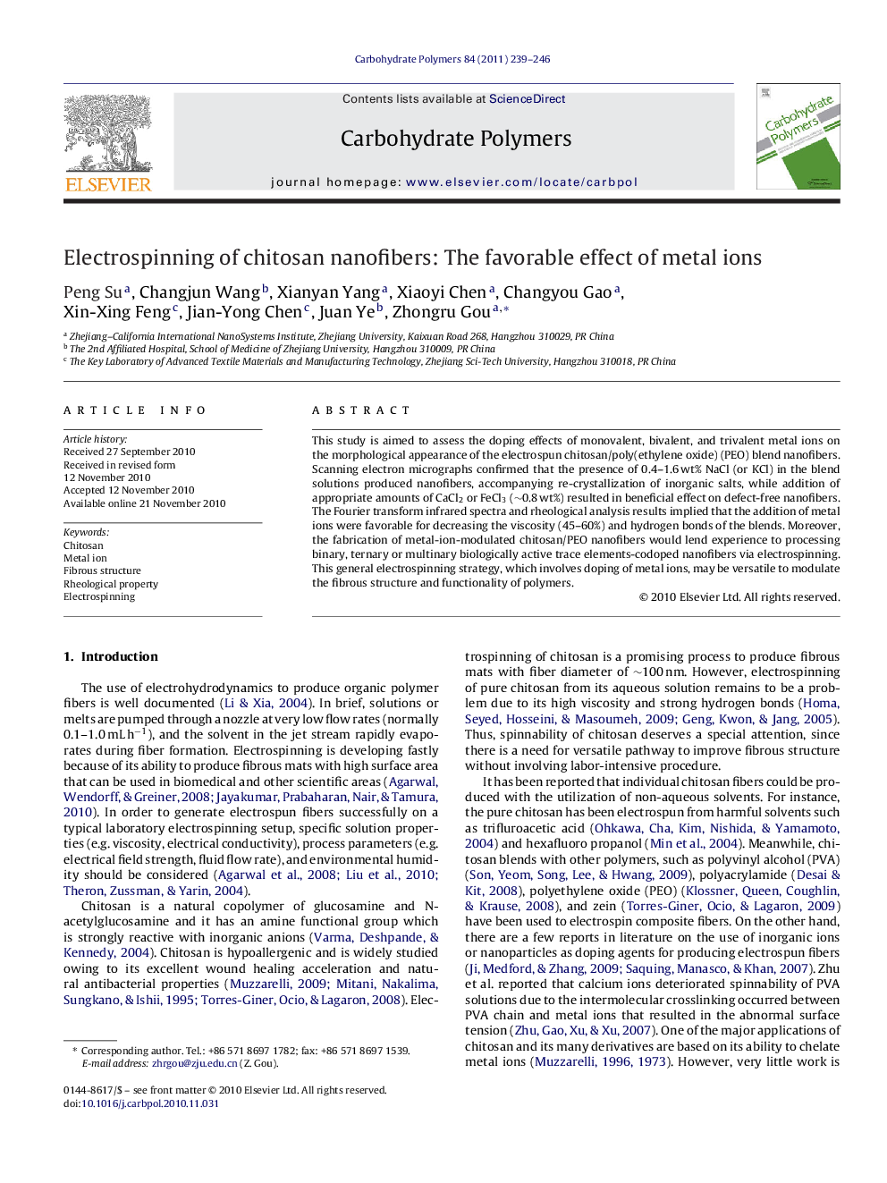 Electrospinning of chitosan nanofibers: The favorable effect of metal ions