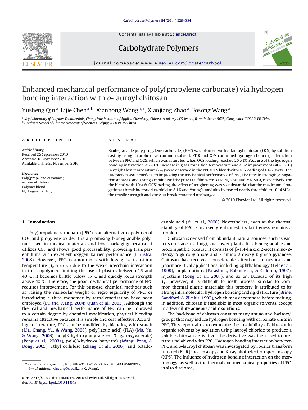 Enhanced mechanical performance of poly(propylene carbonate) via hydrogen bonding interaction with o-lauroyl chitosan