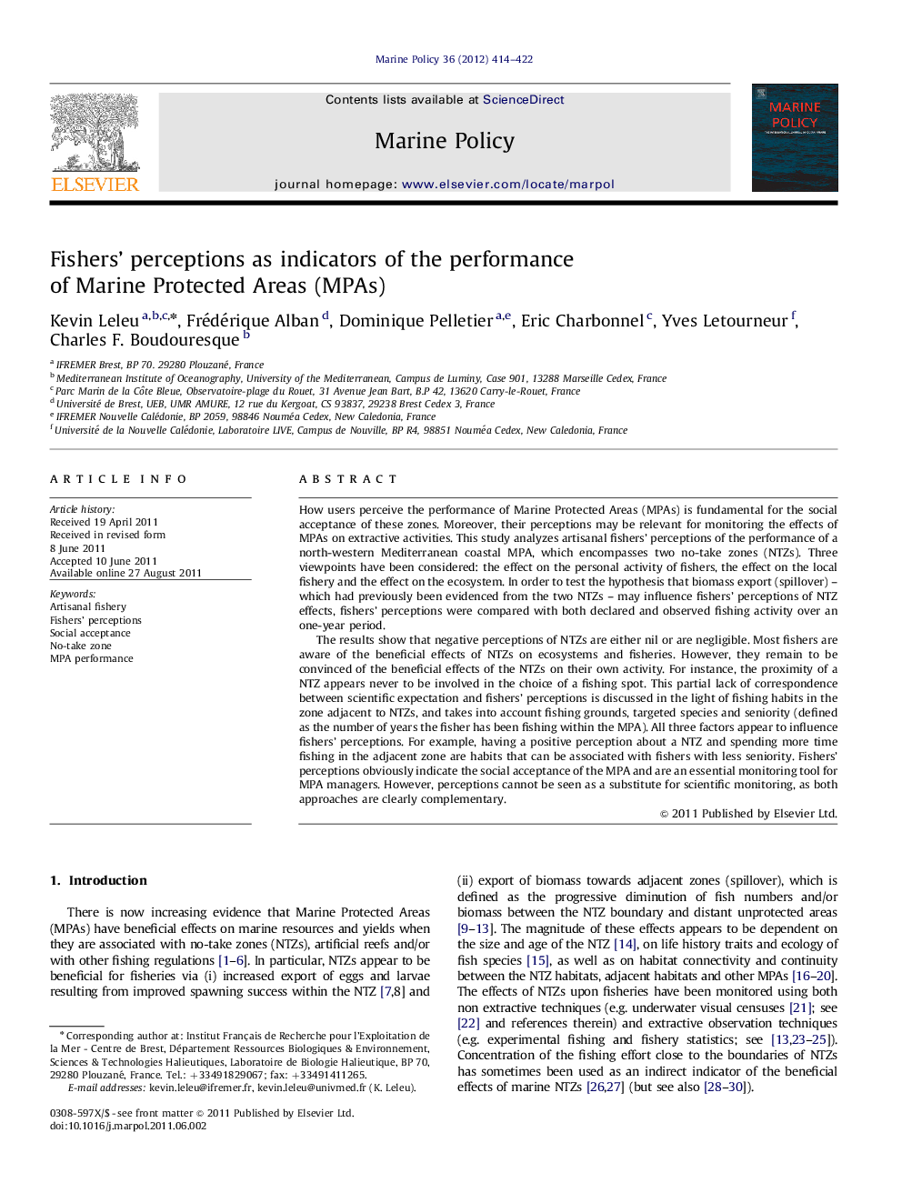 Fishers' perceptions as indicators of the performance of Marine Protected Areas (MPAs)