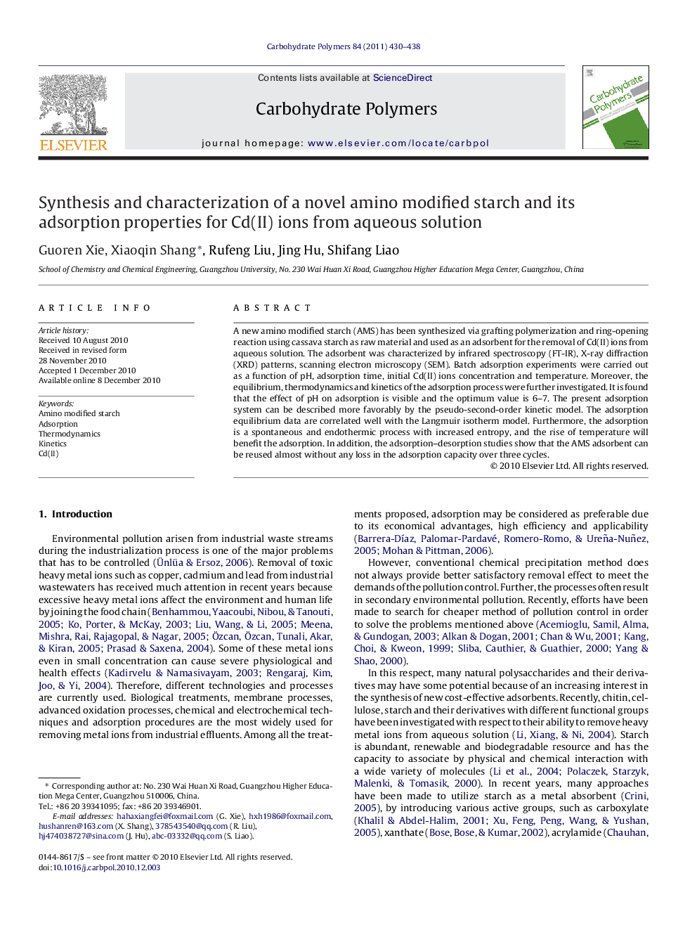 Synthesis and characterization of a novel amino modified starch and its adsorption properties for Cd(II) ions from aqueous solution