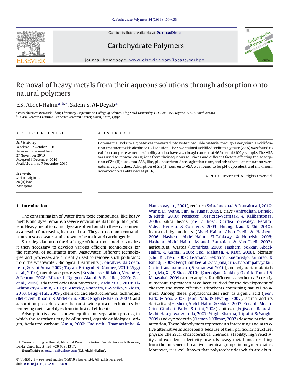 Removal of heavy metals from their aqueous solutions through adsorption onto natural polymers