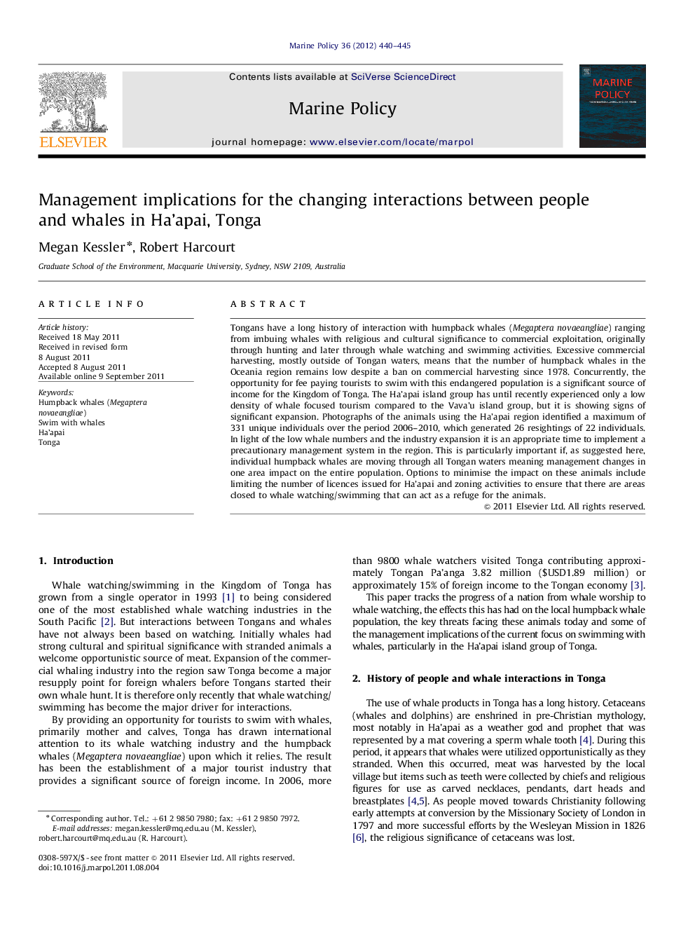 Management implications for the changing interactions between people and whales in Ha'apai, Tonga