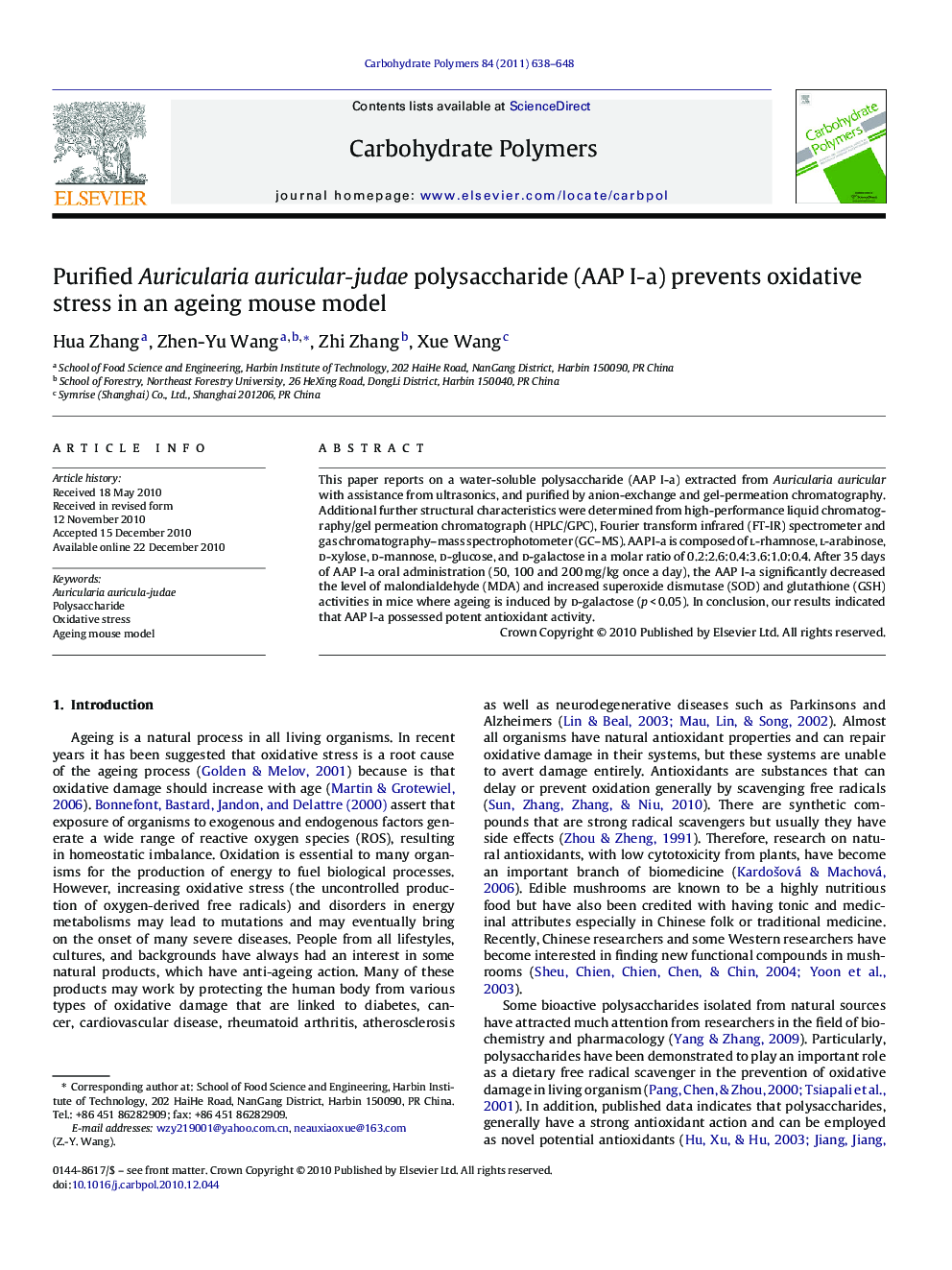 Purified Auricularia auricular-judae polysaccharide (AAP I-a) prevents oxidative stress in an ageing mouse model