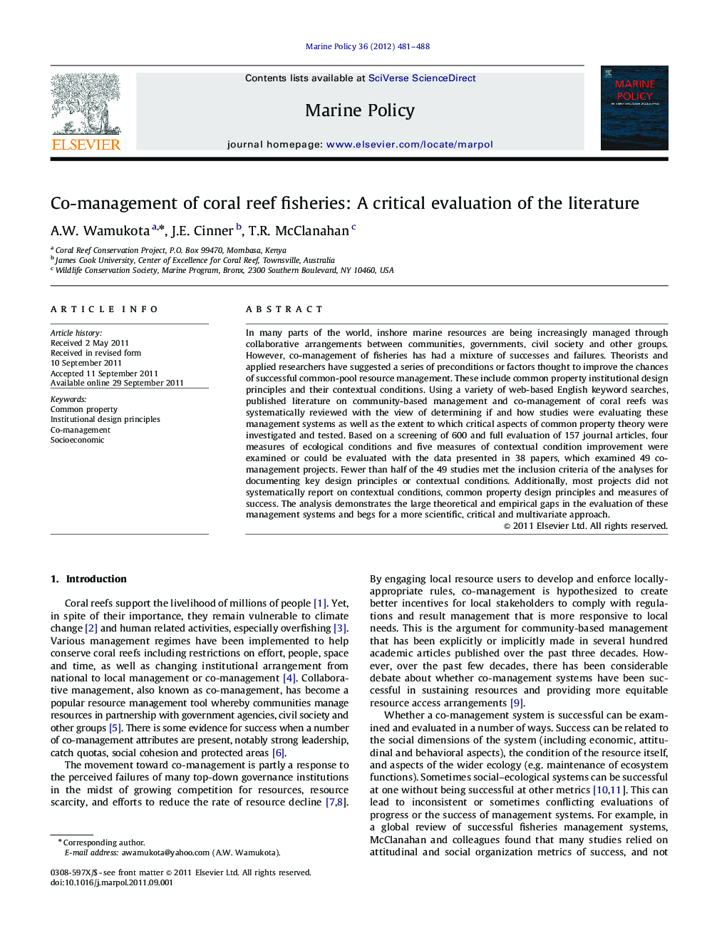 Co-management of coral reef fisheries: A critical evaluation of the literature