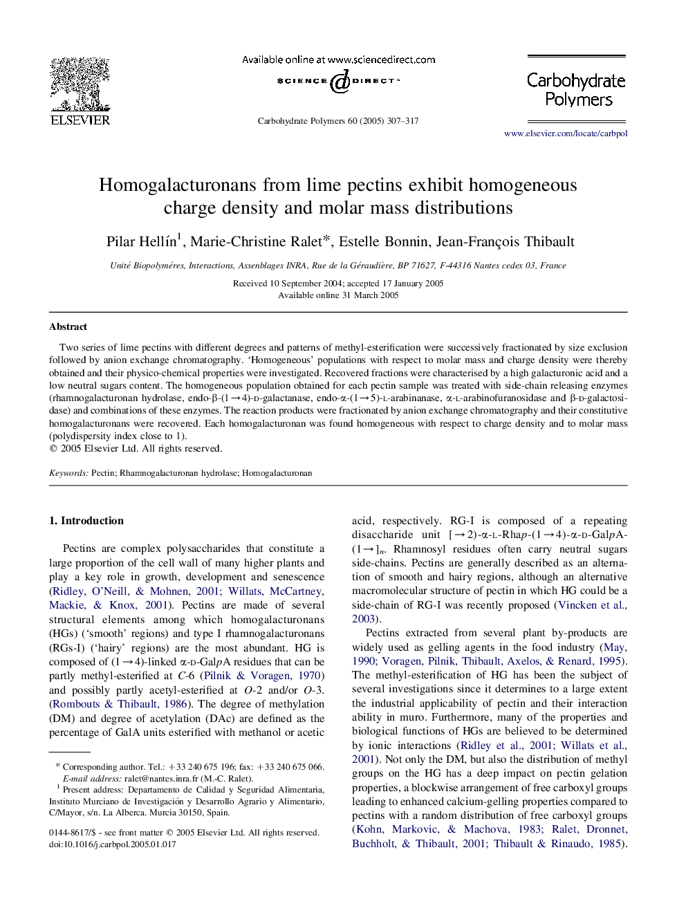 Homogalacturonans from lime pectins exhibit homogeneous charge density and molar mass distributions