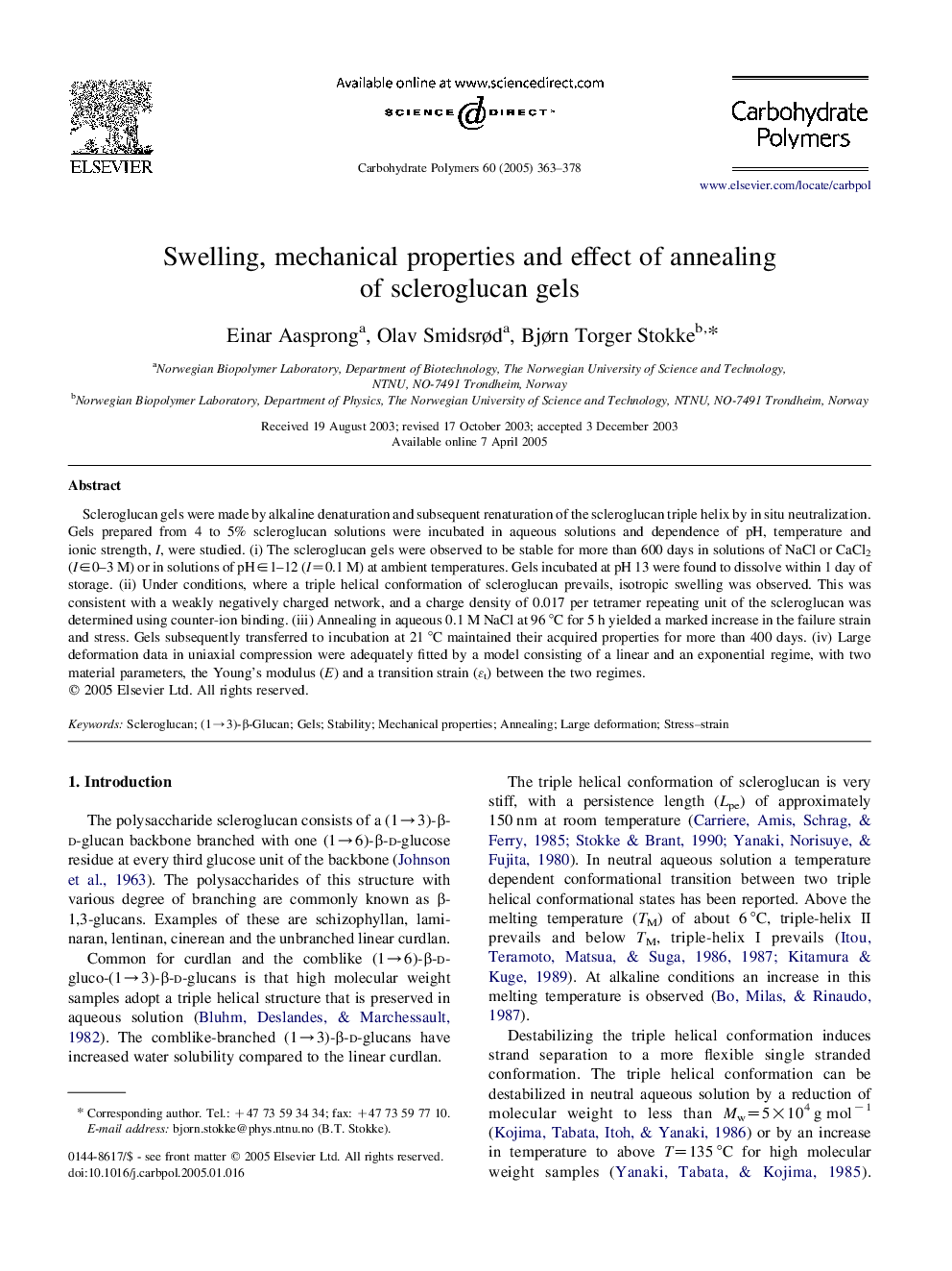 Swelling, mechanical properties and effect of annealing of scleroglucan gels