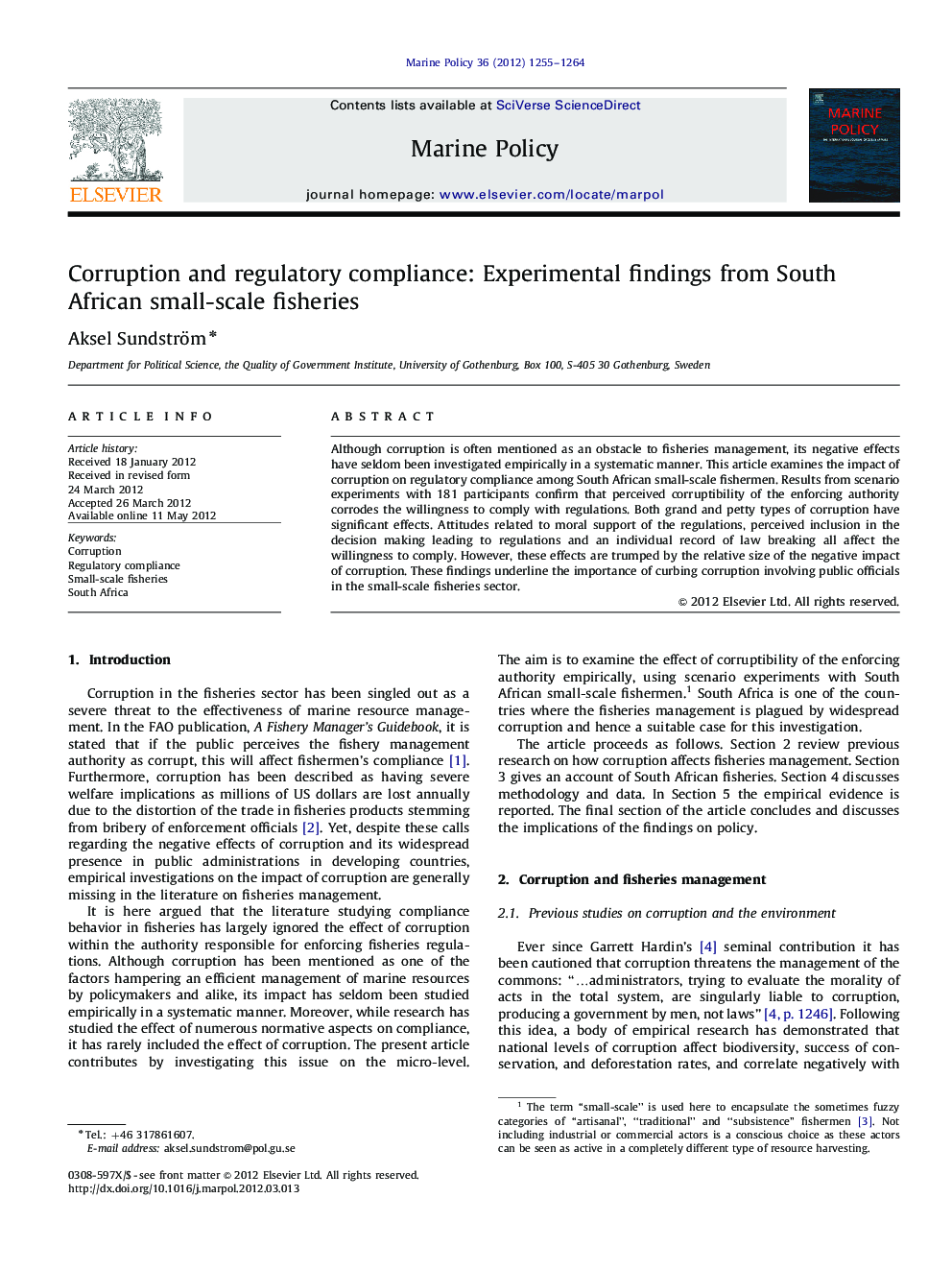 عکس صفحه اول مقاله: Corruption and regulatory compliance: Experimental findings from South African small-scale fisheries Corruption and regulatory compliance: Experimental findings from South African small-scale fisheries