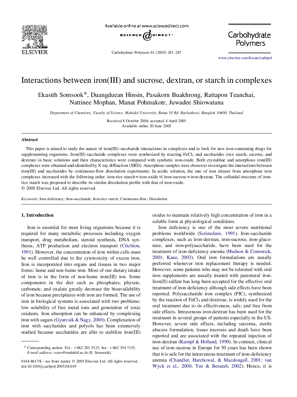 Interactions between iron(III) and sucrose, dextran, or starch in complexes