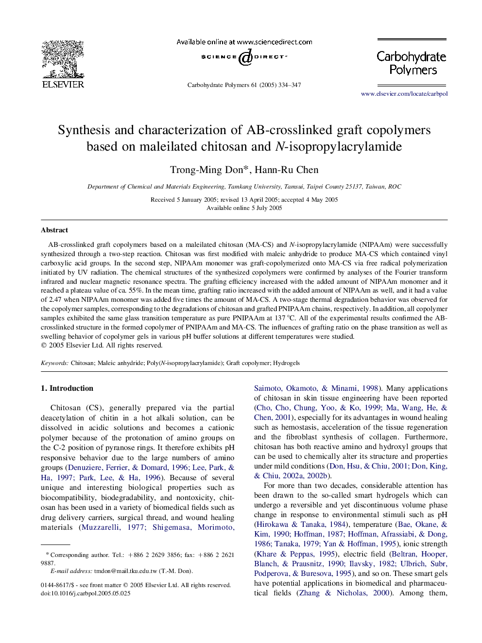 Synthesis and characterization of AB-crosslinked graft copolymers based on maleilated chitosan and N-isopropylacrylamide