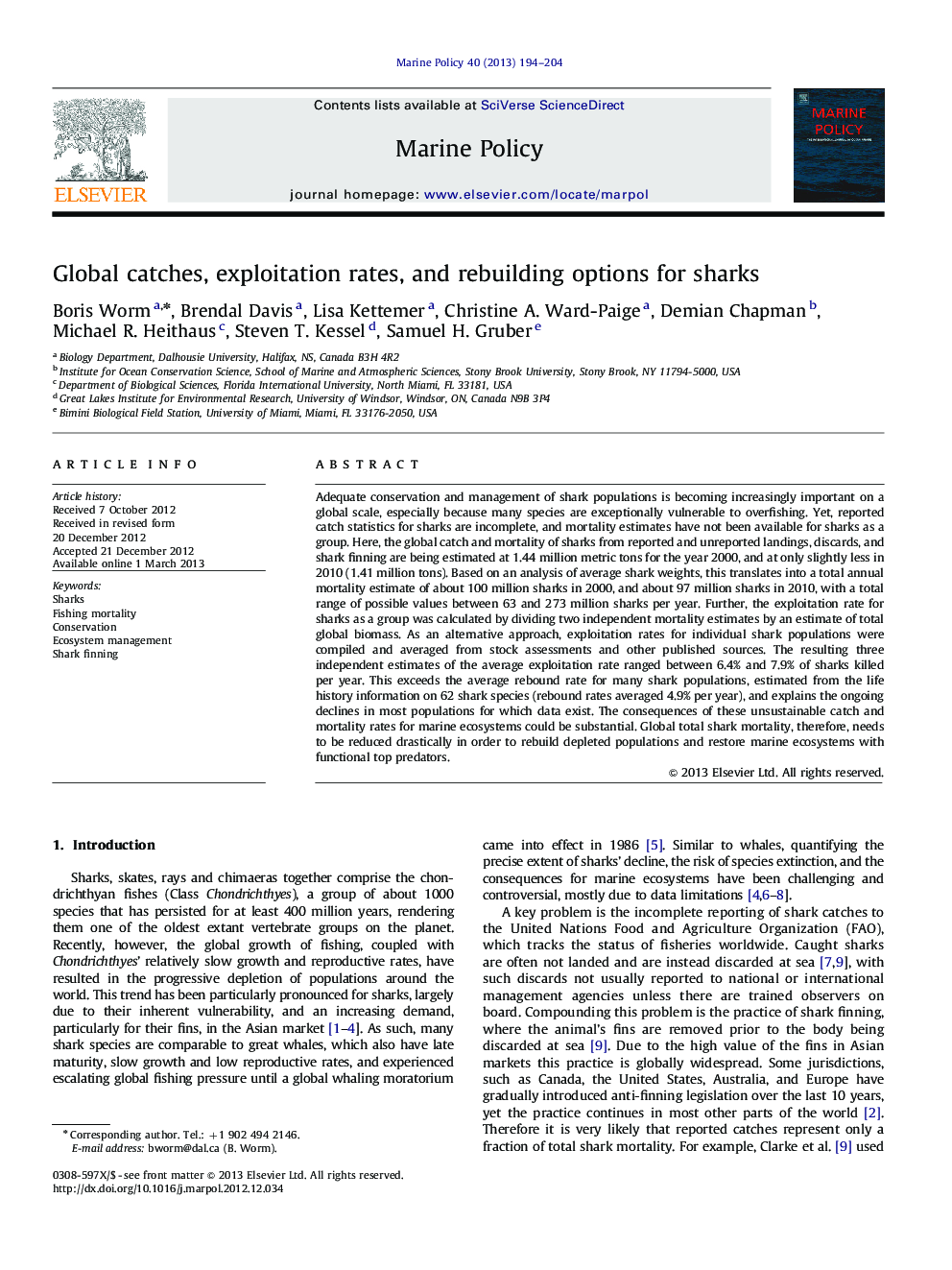 Global catches, exploitation rates, and rebuilding options for sharks