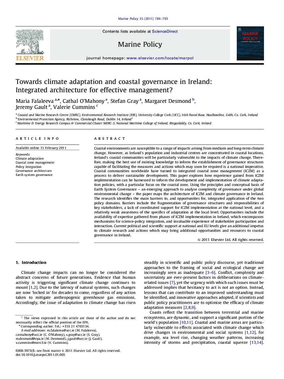 Towards climate adaptation and coastal governance in Ireland: Integrated architecture for effective management?