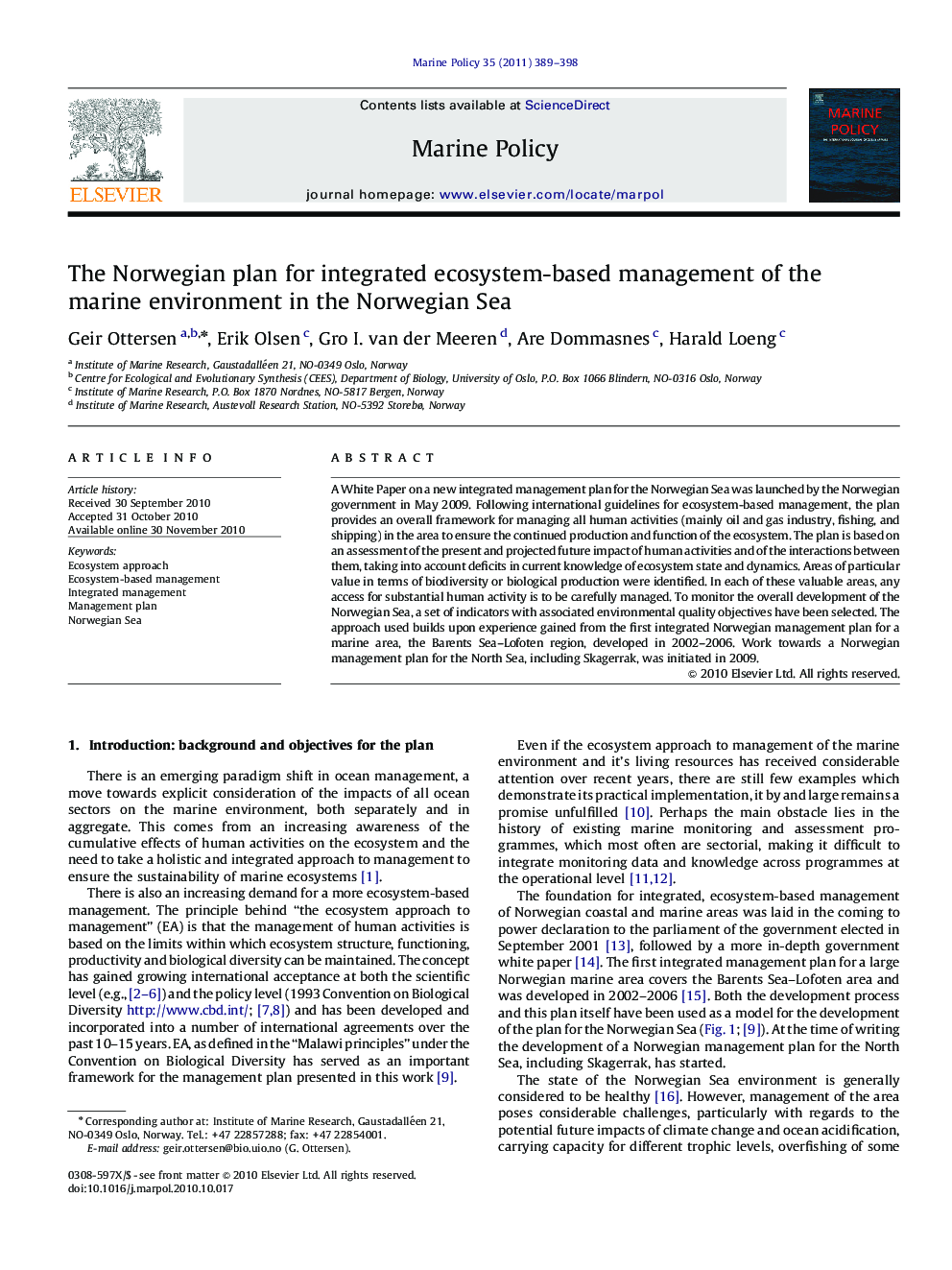 The Norwegian plan for integrated ecosystem-based management of the marine environment in the Norwegian Sea